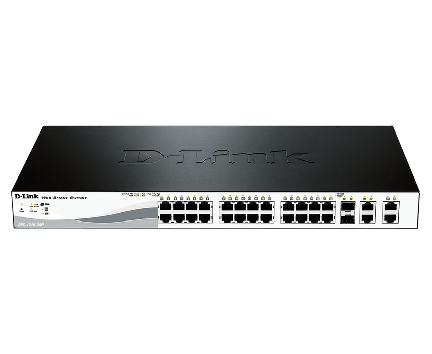 D-Link 24-Port 10/100Base-T PoE Smart Switch with 2 * 1000BaseT Copper port & 2 Combo SFP/ Gigabit copper port, Auto voice VLAN, Time based PoE, 15.4/30W support, 193W PoE power budget - DES-1210-28P