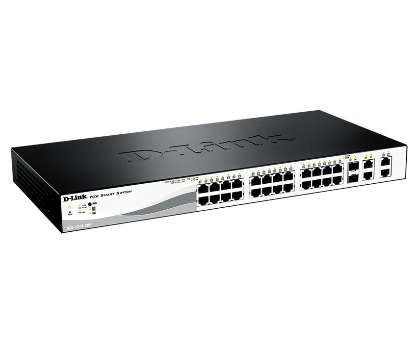 D-Link 24-Port 10/100Base-T PoE Smart Switch with 2 * 1000BaseT Copper port & 2 Combo SFP/ Gigabit copper port, Auto voice VLAN, Time based PoE, 15.4/30W support, 193W PoE power budget - DES-1210-28P