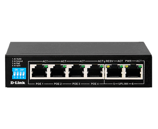 D-Link 250M 6-Port 1000Mbps Switch with 4 PoE Ports and 2 Uplink Ports  - DGS-F1006P-E