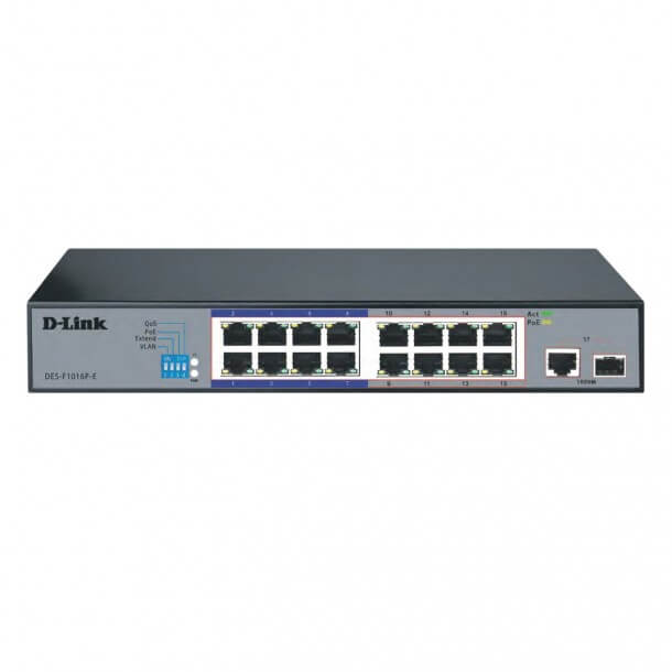 D-Link 16-port DES-F1016P-E/B Fast Ethernet Unmanaged Long Range 250m PoE+ Surveillance Switch with 16 PoE ports ( 10/100Base) - DES-F1016P-E/B