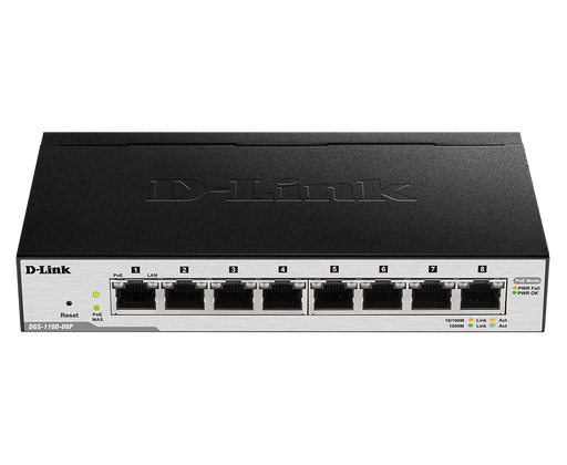 D-Link 8 port 10/100/1000Mbps PoE Easy Smart green switch, 64W power budget (UK power plug) - DGS-1100-08P