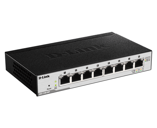 D-Link 8 port 10/100/1000Mbps PoE Easy Smart green switch, 64W power budget (UK power plug) - DGS-1100-08P