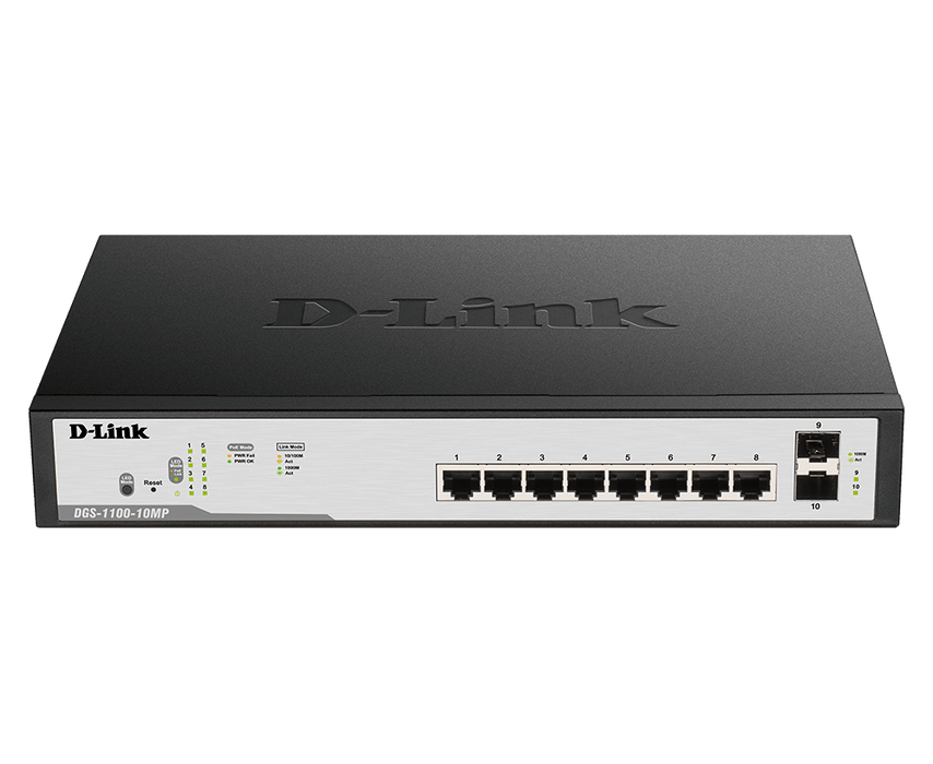 D-Link 10-port 10/100/1000Base-T Long Range 250m PoE+ Smart Switch with 8 PoE ports, 2 SFP ports, 96W PoE Power budget, (802.3af/802.3at support), UK plug - DGS-F1100-10PS-E/B