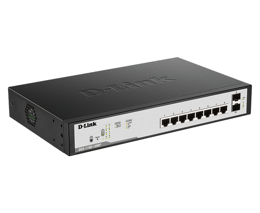 D-Link 10-port 10/100/1000Base-T Long Range 250m PoE+ Smart Switch with 8 PoE ports, 2 SFP ports, 96W PoE Power budget, (802.3af/802.3at support), UK plug - DGS-F1100-10PS-E/B