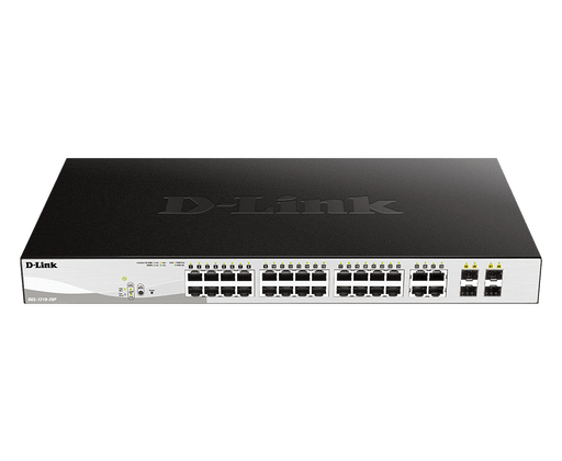 D-Link 24-Port 10/100/1000BaseT PoE + 4 Combo 1000BaseT/SFP ports Web Smart Switch, 193W PoE budget (802.3af/802.3at support) - DGS-1210-28P