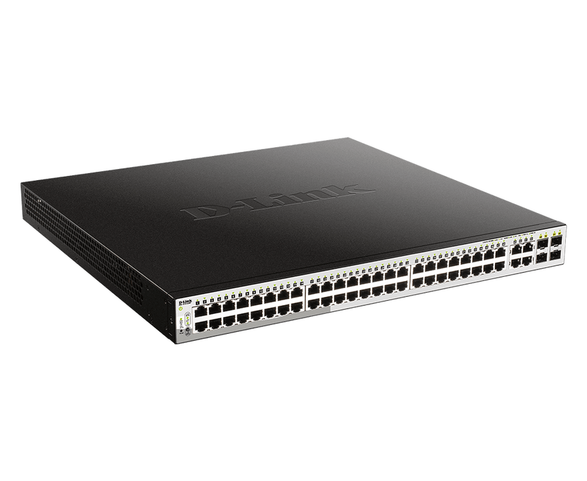 D-Link 48-Port 10/100/1000BaseT PoE + 4 Combo SFP ports Web Smart Switch, 370W PoE budget - DGS-1210-52MP