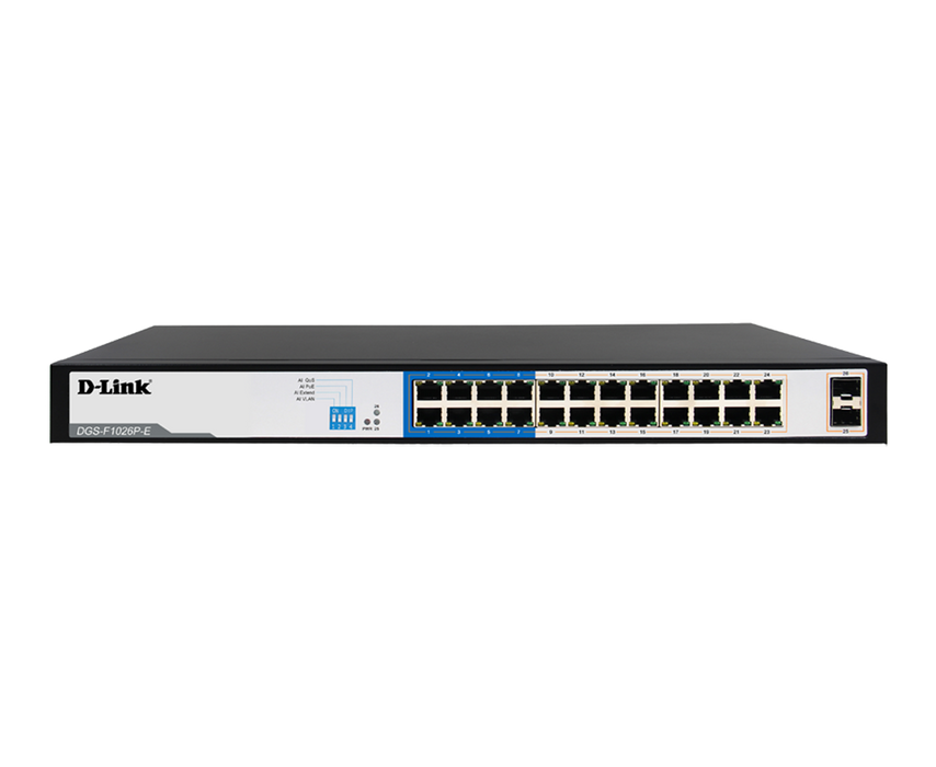 D-Link 24-Port 1000Mbps 250M PoE Switch + 2 SFP Ports,250W PoE budget - DGS-F1026P-E