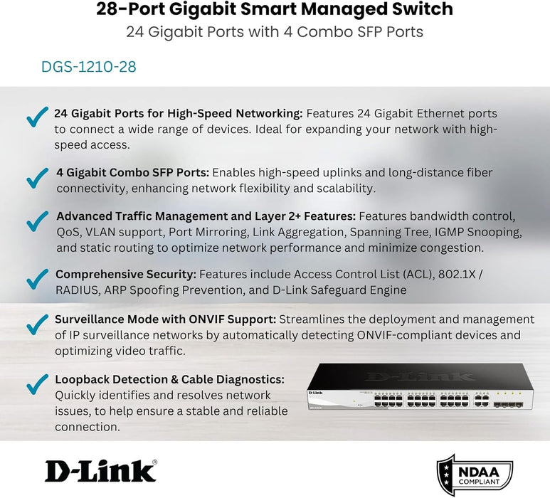 Dlink DGS-1210-28 28-Port Gigabit Smart Managed Switch Non-POE