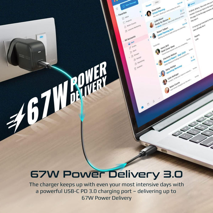 Promate 67W Super-Speed USB-C GaNFast Charger (GaNCube-67) - Perfect for Laptop Charging & Travel