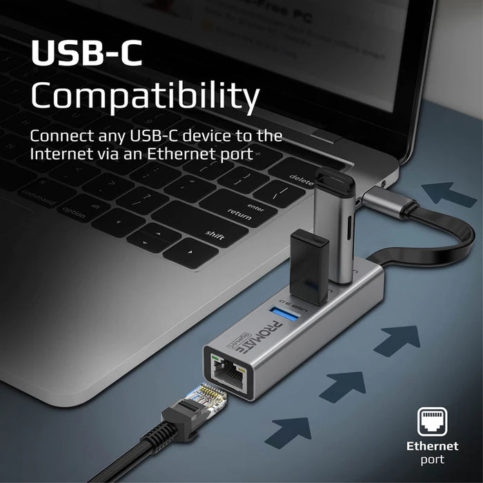 Promate Multi-Port USB-C Hub with 3 USB 3.0 Ports & 1000Mbps Ethernet, LAN Port (GigaHub-C)