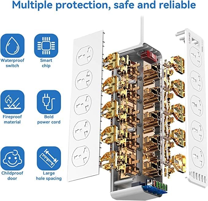 LDNIO SC10610 Power Extension with 10-Outlet Surge protector power sockets, 6 USB Ports 30W PD+QC Fast charging adapter sockets 2-meter heavy-duty power Extension Cord