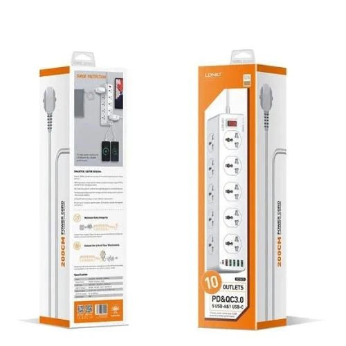 LDNIO SC10610 -  Power Extension with 10-Outlet Surge protector power sockets, 6 USB Ports 30W PD+QC Fast charging adapter sockets 2-meter heavy-duty power Extension Cord 