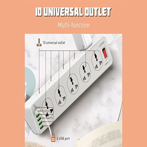 LDNIO SC10610 -  Power Extension with 10-Outlet Surge protector power sockets, 6 USB Ports 30W PD+QC Fast charging adapter sockets 2-meter heavy-duty power Extension Cord 