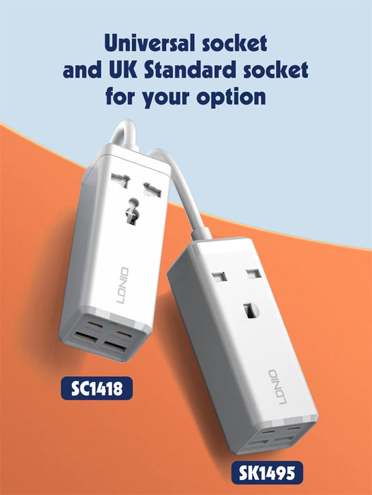 LDNIO SC1418 65W PD Adapter Multifunction Charger Power Extension with Surge Protection, 2 USB-C+ 2USB-A, 2M code