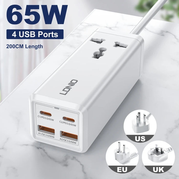 LDNIO SC1418 65W PD Adapter Multifunction Charger Power Extension with Surge Protection, 2 USB-C+ 2USB-A, 2M code