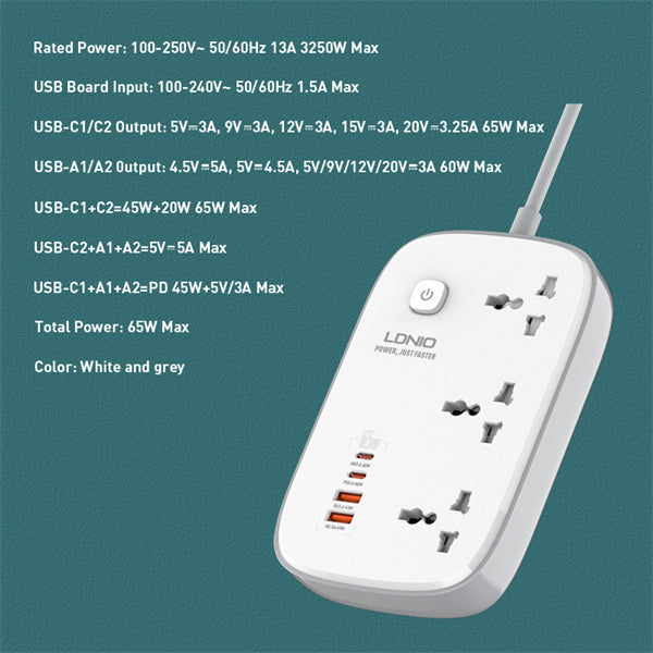 LDNIO SC3416 Universal Socket Extension Power Strip Cable - 3AC