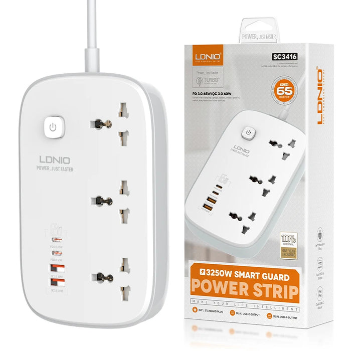 LDNIO SC3416 Universal Socket with 3 AC Outlets, Single Switch Control Extension with 4 USB 3250W Power Strip with 2M Cable