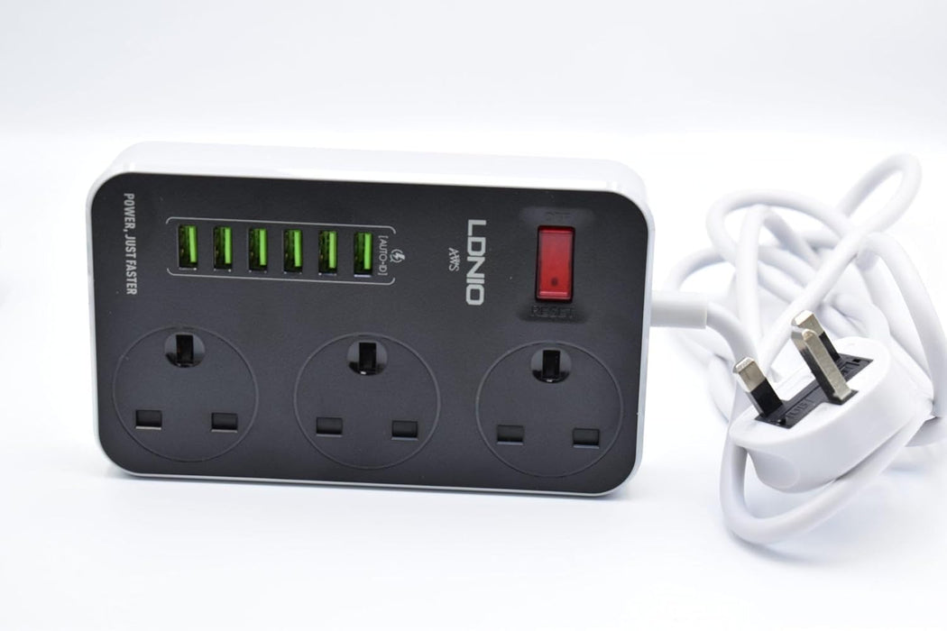 LDNIO SC3604 Power Strip Socket with 3-pin US Plug, 6 USB Charging Ports Wiring Board, 3 Power Socket Ports