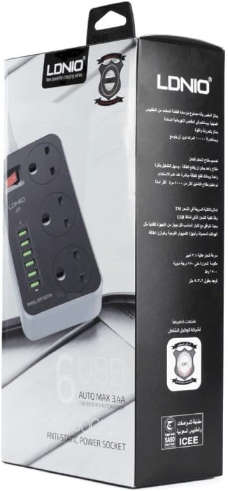 LDNIO SC3604 Power Strip Socket with 3-pin US Plug, 6 USB Charging Ports Wiring Board, 3 Power Socket Ports