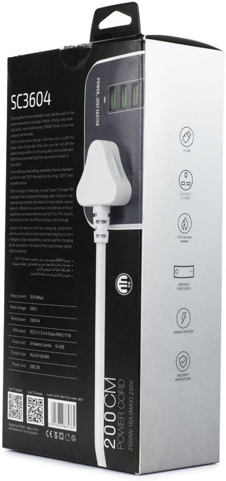 LDNIO SC3604 Power Strip Socket with 3-pin US Plug, 6 USB Charging Ports Wiring Board, 3 Power Socket Ports