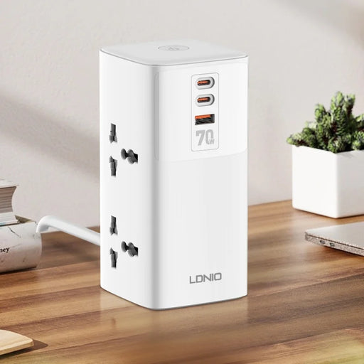 LDNIO SC4383 Tower Extension Power Strip 4 Socket 3 Multiple Chargers 2USB-C+USB-A 2500W Tabletop Extension Lead Power Socket
