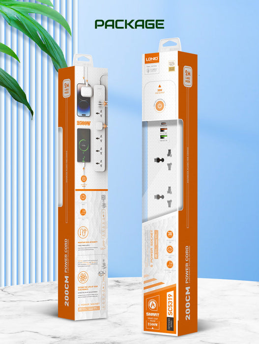 LDNIO SC5319 Multi Socket Extension Lead with 5 AC 3 USB Power Socket Plug Extender with 38W 