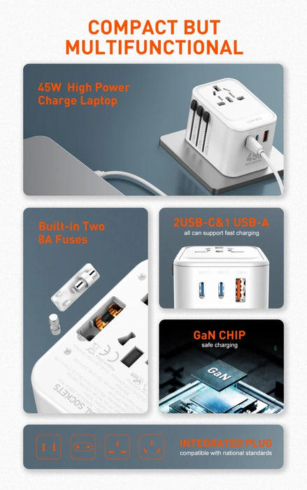 
LDNIO Z8 All in One Worldwide AC Power Wall Charger Plug USB 2 Type-C EU UK AU Smart Travel Adapter International Plug Adaptor



