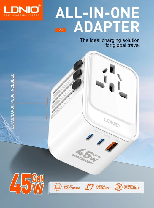 
LDNIO Z8 All in One Worldwide AC Power Wall Charger Plug USB 2 Type-C EU UK AU Smart Travel Adapter International Plug Adaptor



