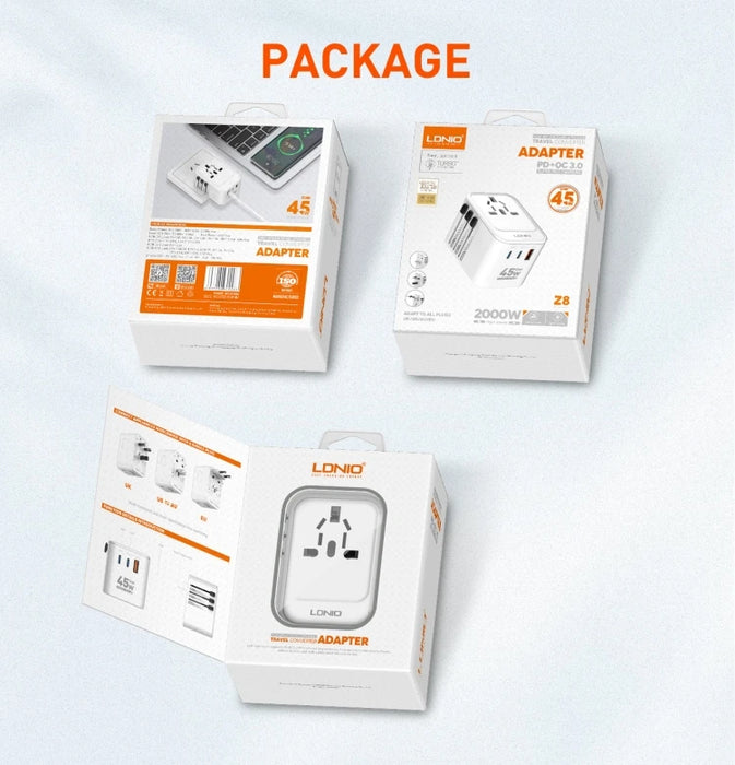 
LDNIO Z8 All in One Worldwide AC Power Wall Charger Plug USB 2 Type-C EU UK AU Smart Travel Adapter International Plug Adaptor

