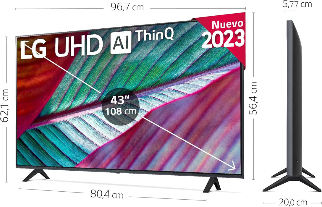 LG UR78 43 Inch 4K Ultra HD HDR LED TV 2023 (43UR78006LK) - WebOS Smart AI ThinQ, Magic Remote, 3 side cinema, HDR10, HLG, AI Sound (5.1ch), 2 Pole stand