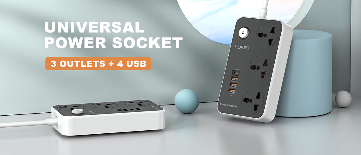 Ldnio SC3412 Power Strip With 3 Ways Power Socket, 4 USB Port 38W, Fast Charging USB-C, 2500 Watt Extension Socket