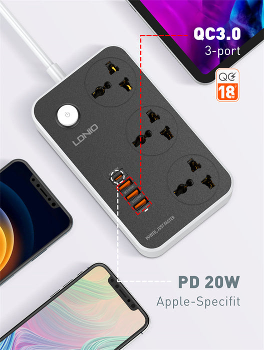 Ldnio SC3412 Power Strip With 3 Ways Power Socket, 4 USB Port 38W, Fast Charging USB-C, 2500 Watt Extension Socket