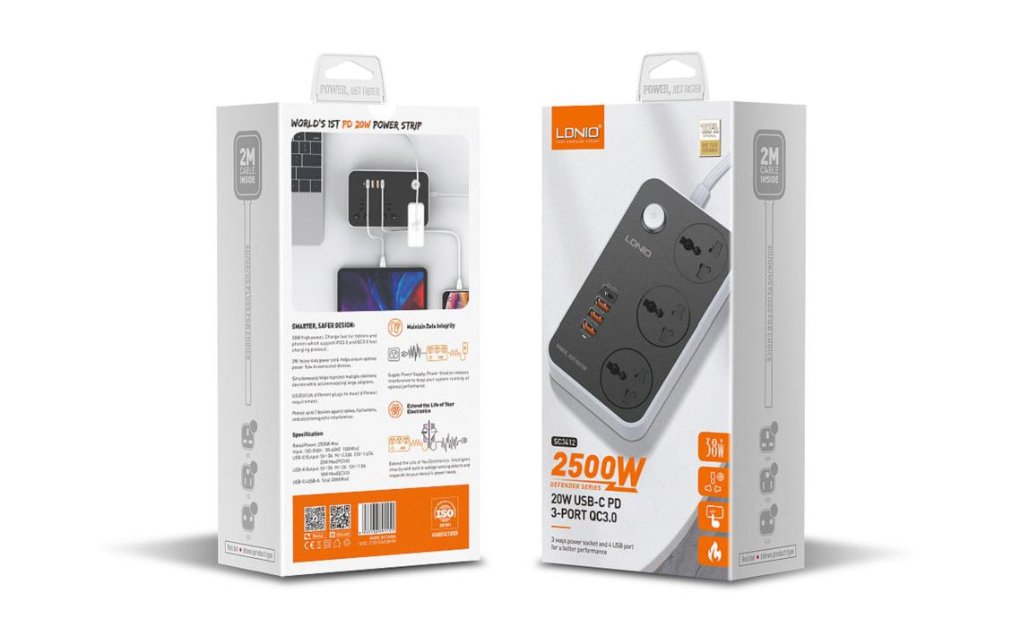 Ldnio SC3412 Power Strip With 3 Ways Power Socket, 4 USB Port 38W, Fast Charging USB-C, 2500 Watt Extension Socket