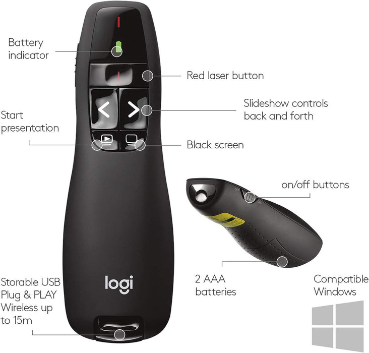 Logitech R400 Wireless Presenter Remote Clicker with Laser Pointer for Basic Slide Navigation - 910-001354