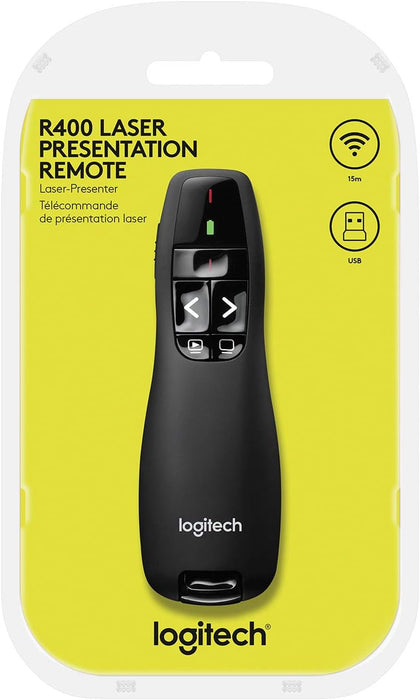 Logitech R400 Wireless Presenter Remote Clicker with Laser Pointer for Basic Slide Navigation - 910-001354