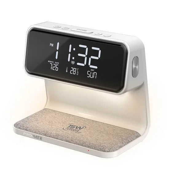 Promate 3-in-1 Multi-Function LED Alarm Clock with 15W Wireless Charger (Lumix-15W)- 10.7 Lumen Night Light with 3 Brightness Modes, Dual Alarm with Snooze Function, 12Hr/24Hr Time Format