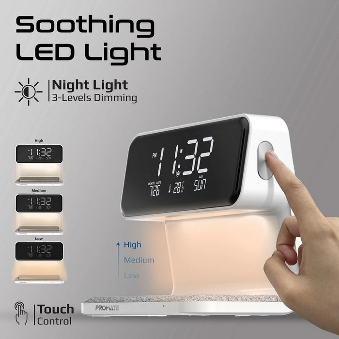 Promate 3-in-1 Multi-Function LED Alarm Clock with 15W Wireless Charger (Lumix-15W)- 10.7 Lumen Night Light with 3 Brightness Modes, Dual Alarm with Snooze Function, 12Hr/24Hr Time Format