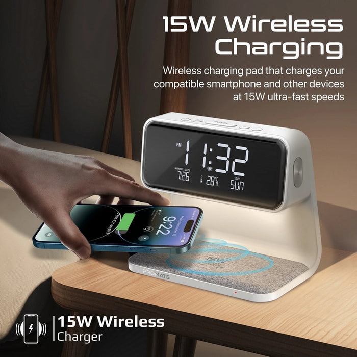 Promate 3-in-1 Multi-Function LED Alarm Clock with 15W Wireless Charger (Lumix-15W)- 10.7 Lumen Night Light with 3 Brightness Modes, Dual Alarm with Snooze Function, 12Hr/24Hr Time Format