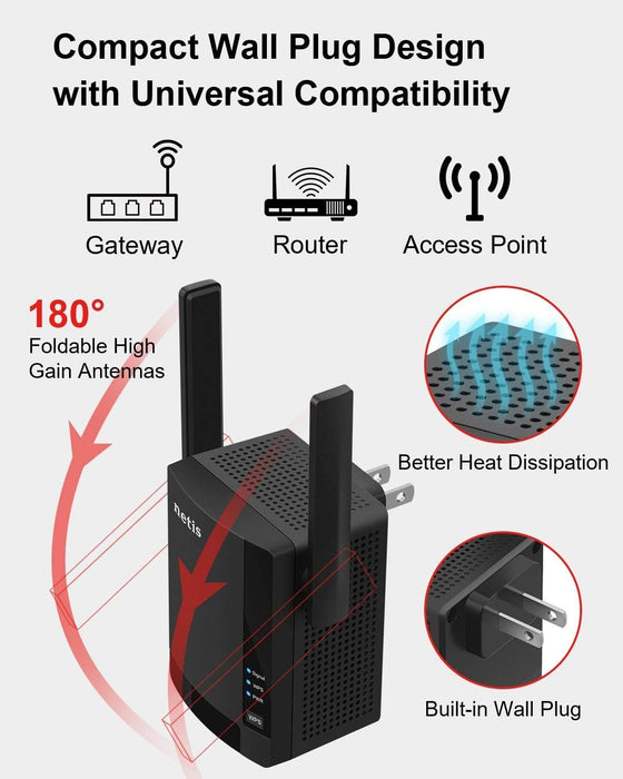 Netis E3 AC1200 Wireless Dual Band Range WiFi Extender with WPS One Button Setup, 2 High Gain Antennas and Wired Expansion Port