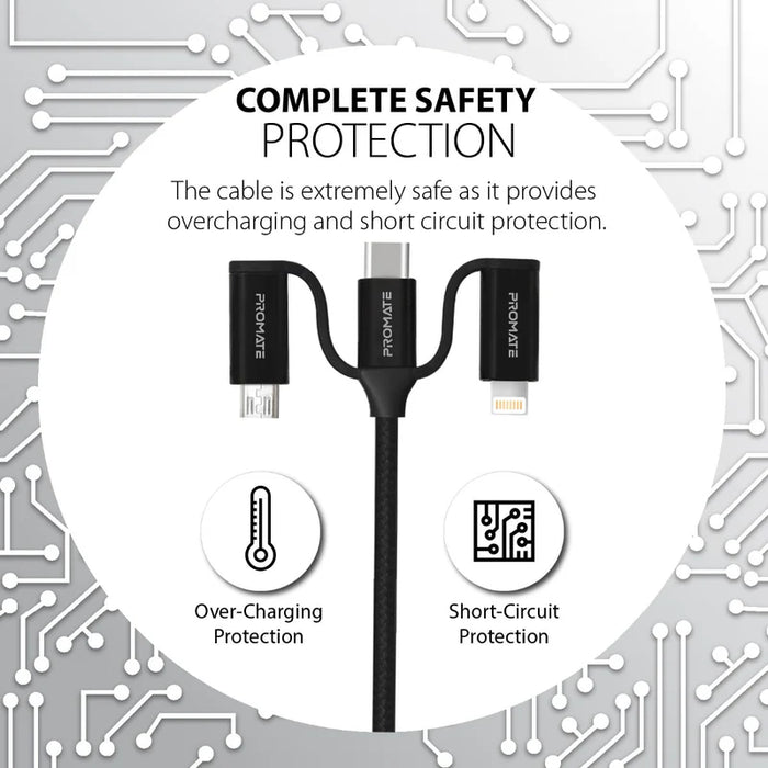 Promate 6-in-1 Hybrid Multi-Connector Cable for Charging & Data Transfer(PentaPower)-60W Power Delivery USB-C to USB-C, Micro-USB, USB-C, Lightning connector