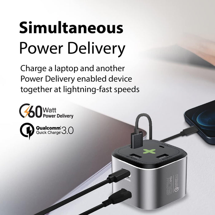 Promate 80W 80W Quick Charging Multi-Port Charging (PowerCube-PD80) - 60W USB-C, 20W USB-C,QC 3.0 Port, Dual 2.4A USB Ports, Surge Protection