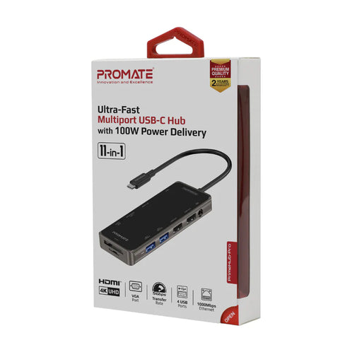 Promate Ultra-Fast Multiport USB-C Hub (PrimeHub-Pro) with 100W PD, 4K HDMI, 1080p VGA, Dual Display Support, 1Gbps LAN, SD/TF, AUX, USB-C Data, USB3.0 & USB 2.0 Ports