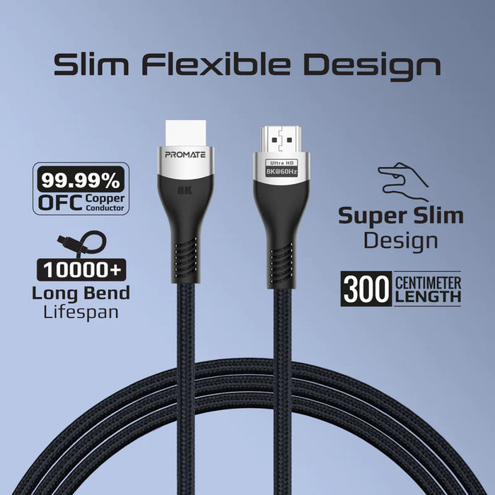 Promate Ultra High-Speed 8K@60Hz HDMI 2.1 Cable, 3M Cable Length (PrimeLink8K-300)