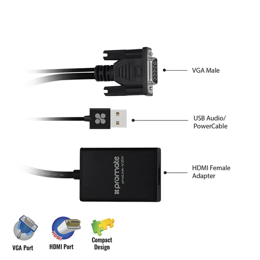 Promate VGA to HDMI Display Adaptor with 1080p Resolution and Audio Support(ProLink-V2H)