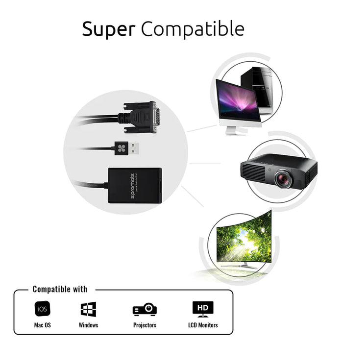 Promate VGA to HDMI Display Adaptor with 1080p Resolution and Audio Support(ProLink-V2H)