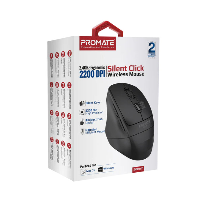 Promate 2.4GHz Ergonomic 2200 DPI Silent Click Wireless Mouse (Samit)