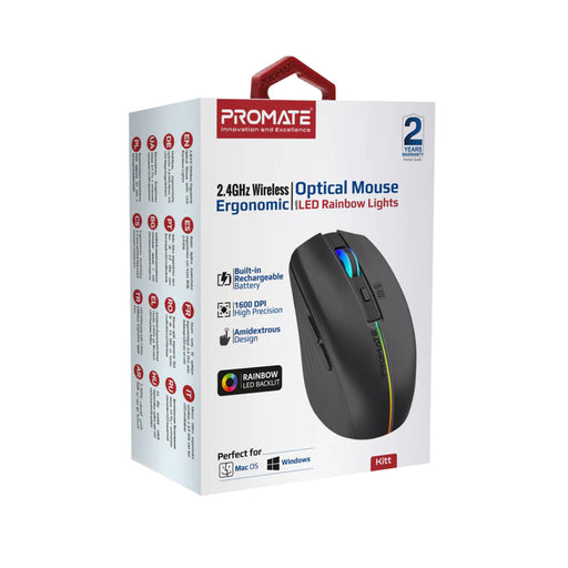 Promate 2.4GHz Wireless Ergonomic Optical Mouse with LED Rainbow Lights (KITT)