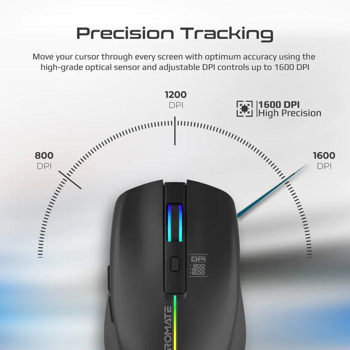 Promate 2.4GHz Wireless Ergonomic Optical Mouse with LED Rainbow Lights (KITT)