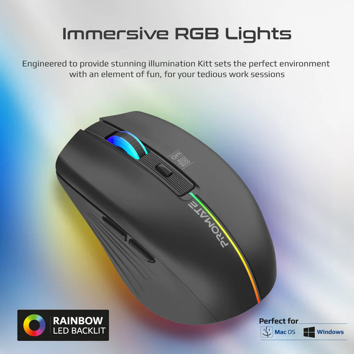 Promate 2.4GHz Wireless Ergonomic Optical Mouse with LED Rainbow Lights (KITT)