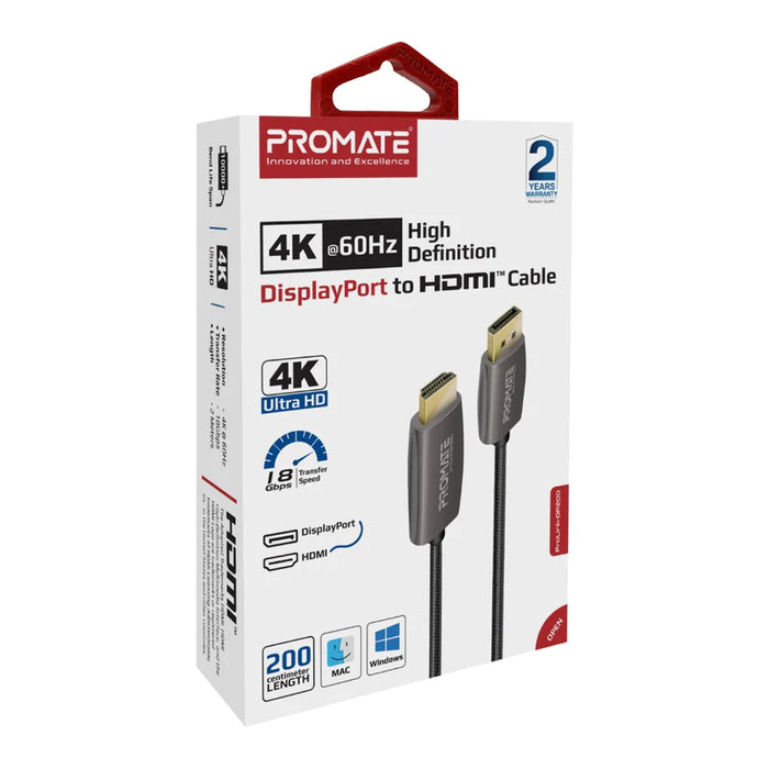 Promate 4K@60Hz High-Definition DisplayPort to HDMI Cable 2M (ProLink-DP200)